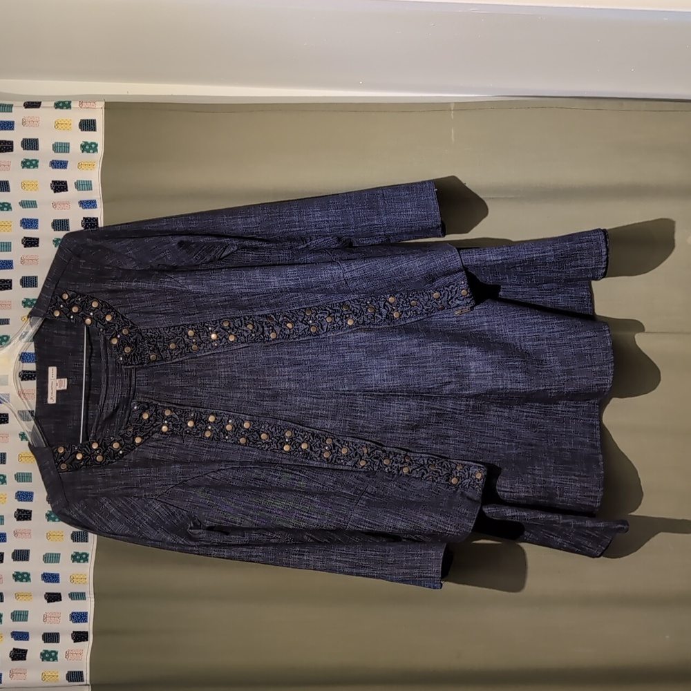 Denim look flared skirt suit w brass hardware